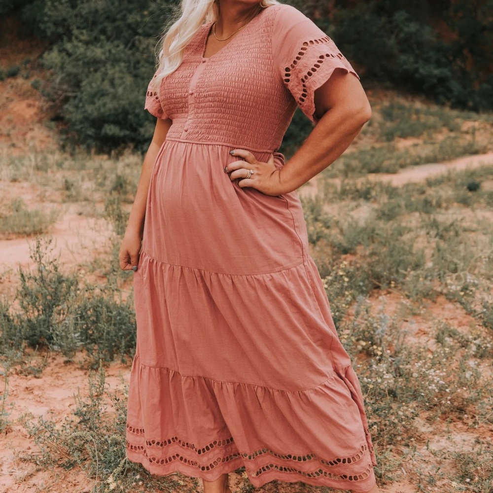 XXXL Dark Mauve Short Sleeve Smocked Maxi Dress